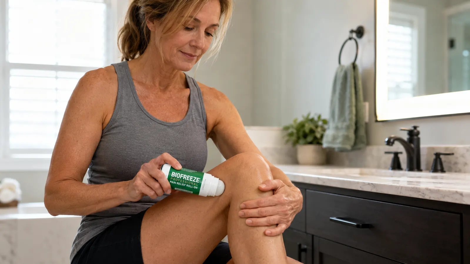 Close-up of a hand rolling a Biofreeze Professional roll-on applicator across a knee