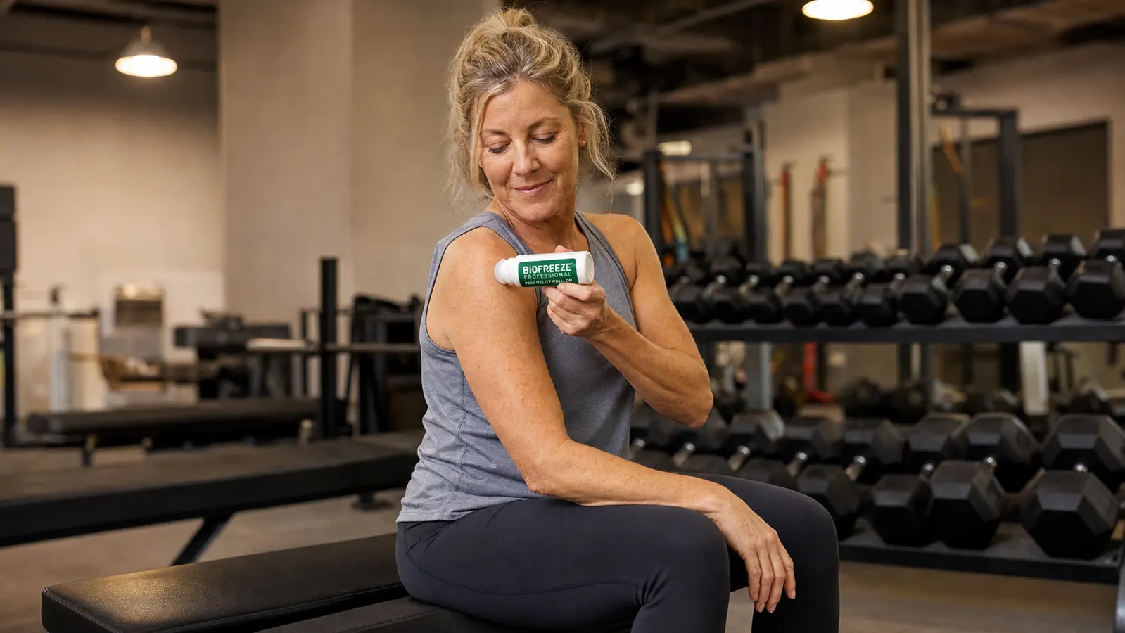 Hand applying the Biofreeze roll-on applicator to the back of a knee after a workout