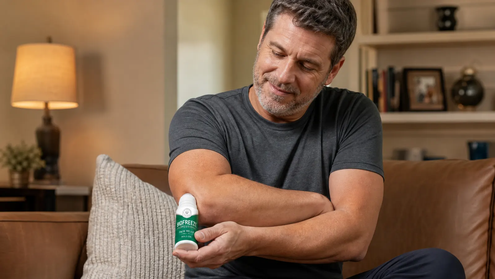 Close-up of a hand applying a roll-on pain reliever to a knee after a workout