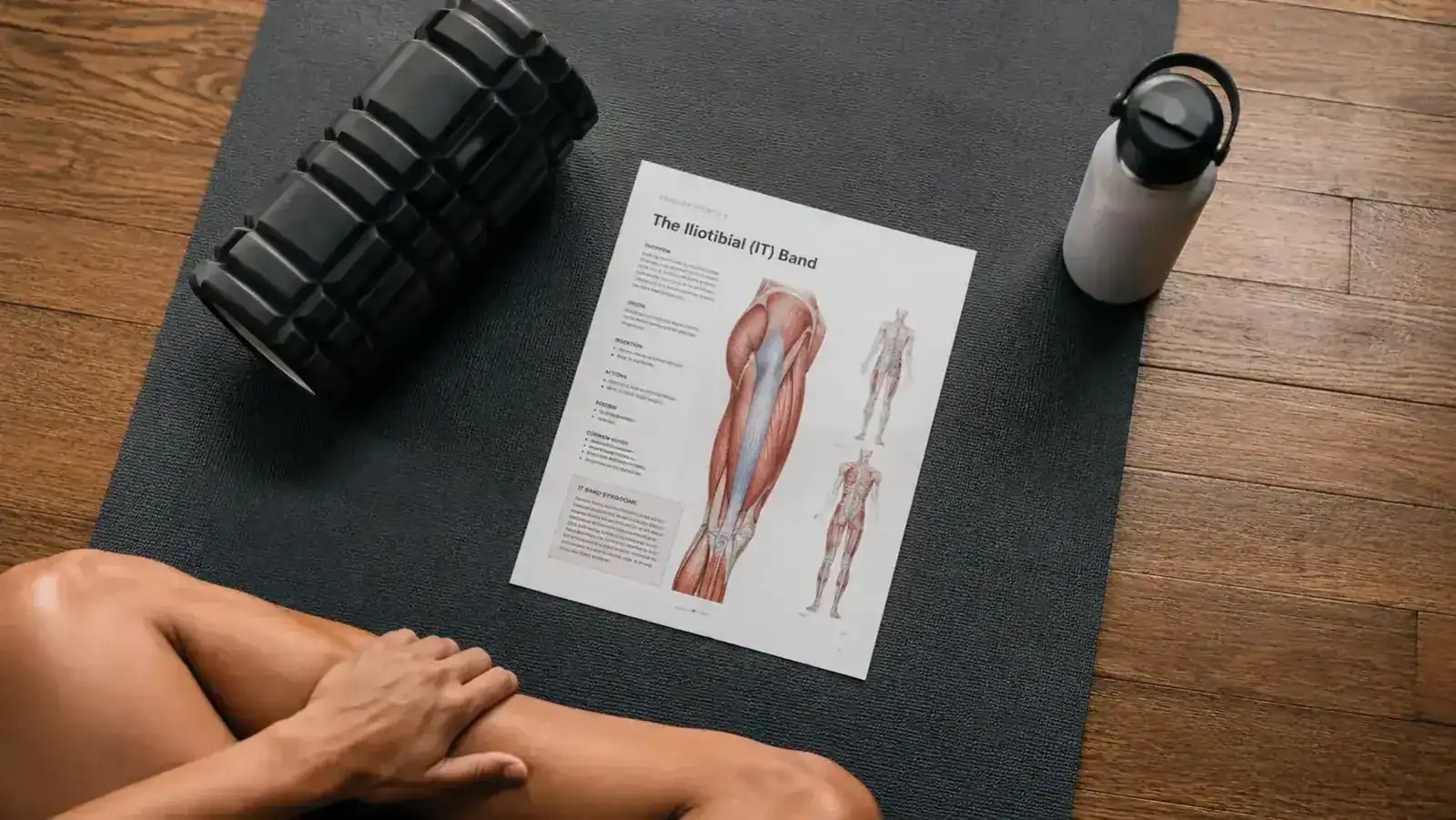 Person lying on their side foam rolling the glute and TFL area with a foam roller