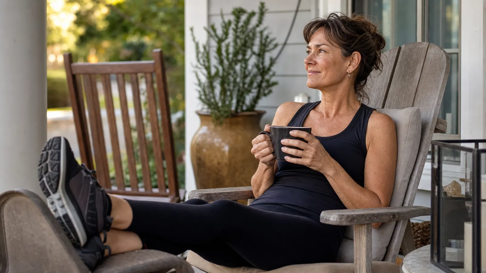 Athlete sitting at kitchen table with coffee, feet resting in recovery slides