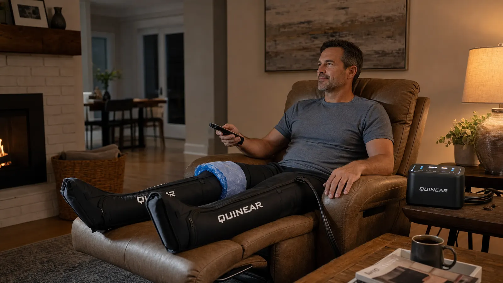 QUINEAR Leg Recovery Compression System with control unit, hoses connected, displayed on a wooden floor next to a gym bag