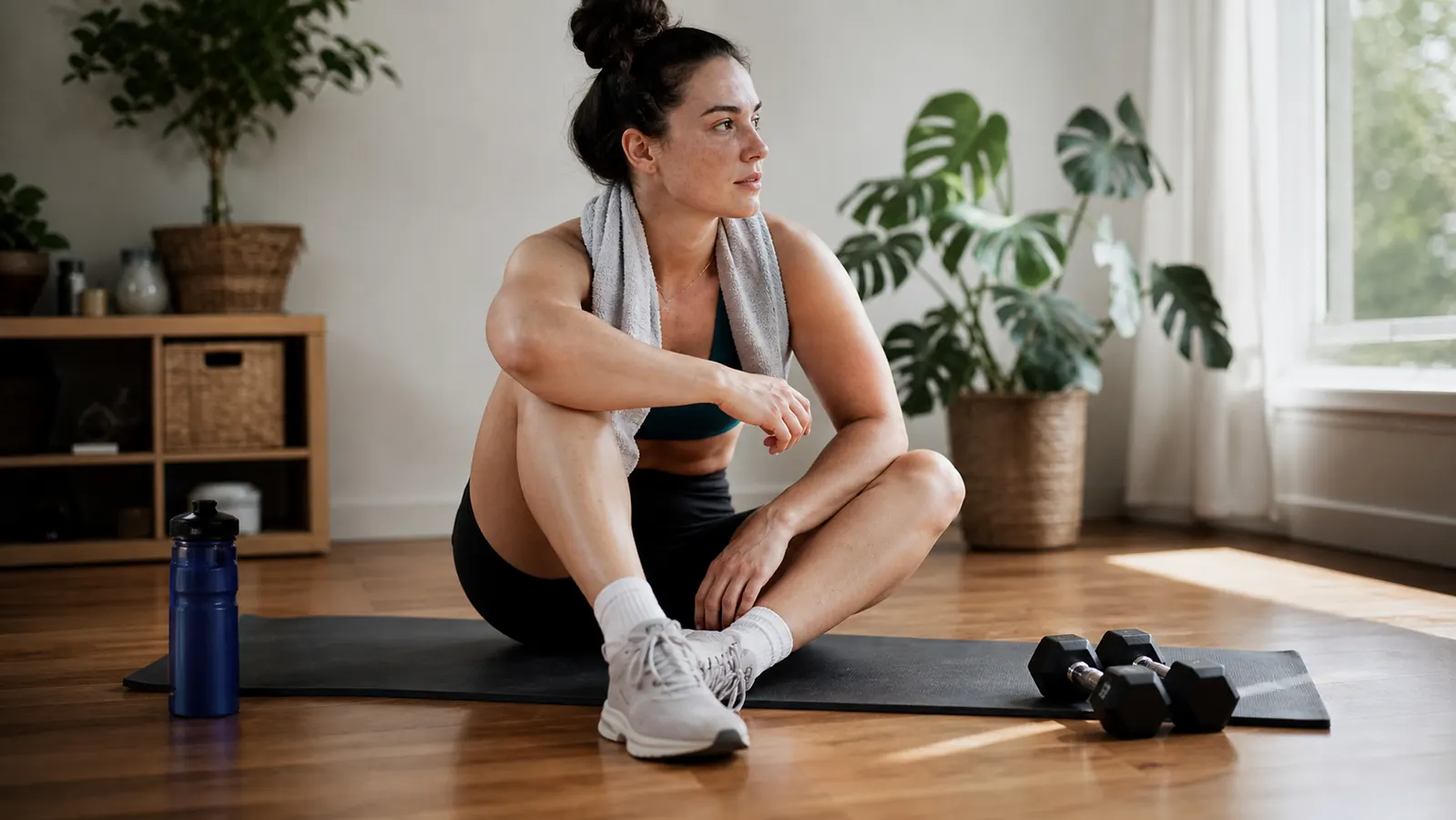 Person sitting on a foam roller targeting their IT band and lateral hip on a gym floor