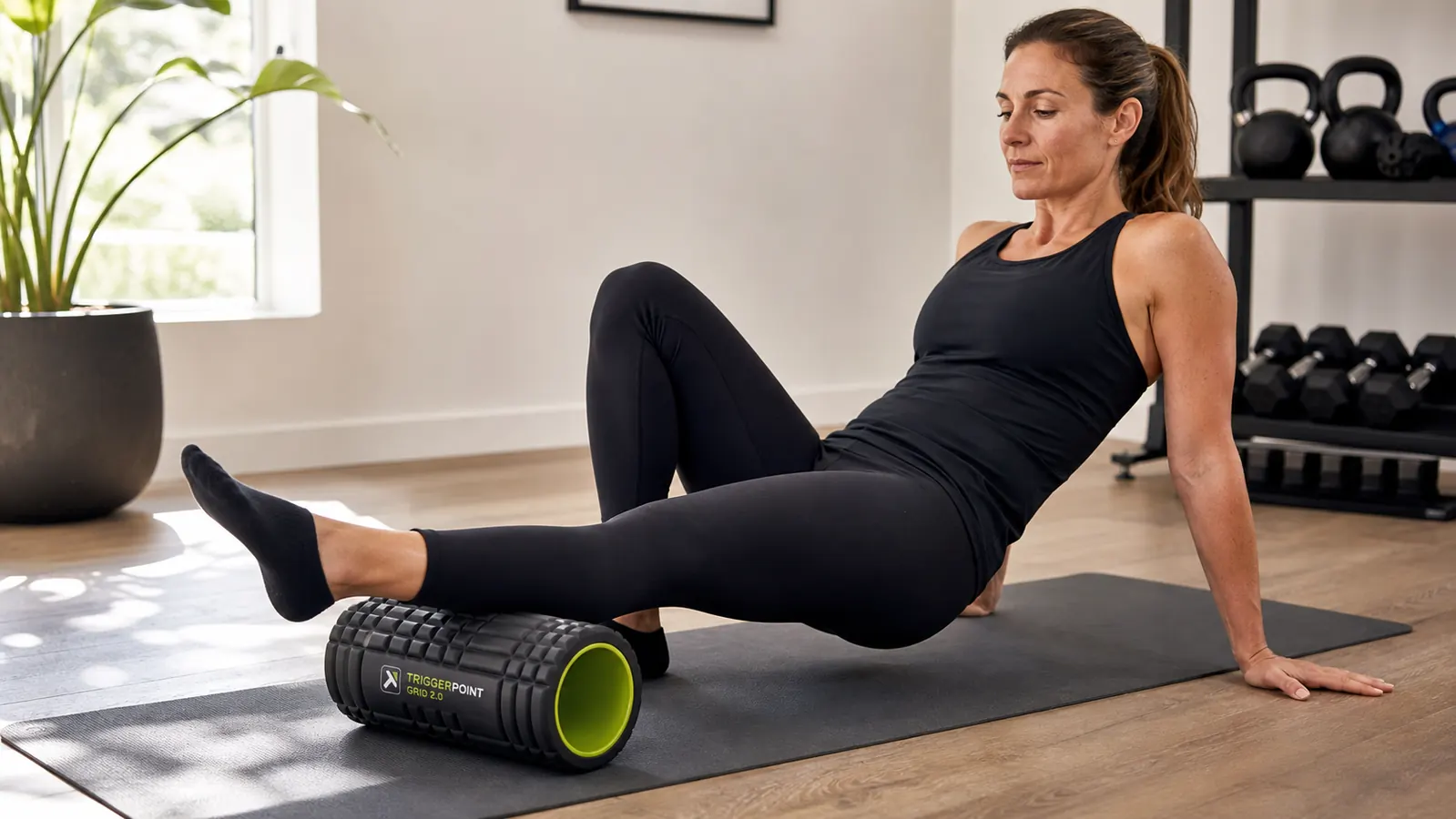 Person using the TriggerPoint GRID foam roller to roll out tight quads on a yoga mat
